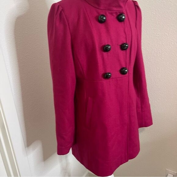 Guess Medium Magenta Pea Coat Wool Blend Cute Accents High Collar Mid Length - Picture 4 of 13